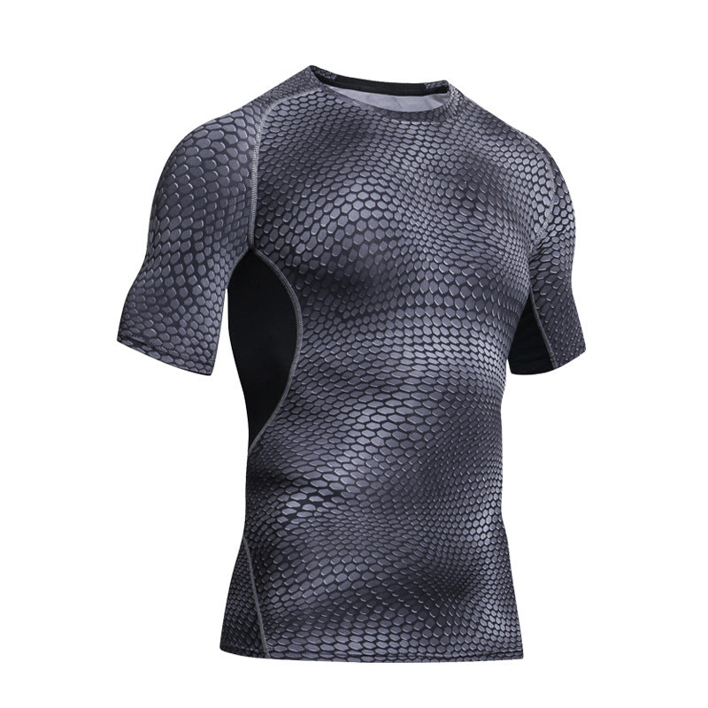 The eprolo Mens Quick-Dry Serpentine Athletic Fit Compression T-Shirt, designed for hiking and outdoor activities, features a sleek gray and black serpentine pattern on a form-fitting short-sleeve, elegantly showcased against a plain white backdrop.
