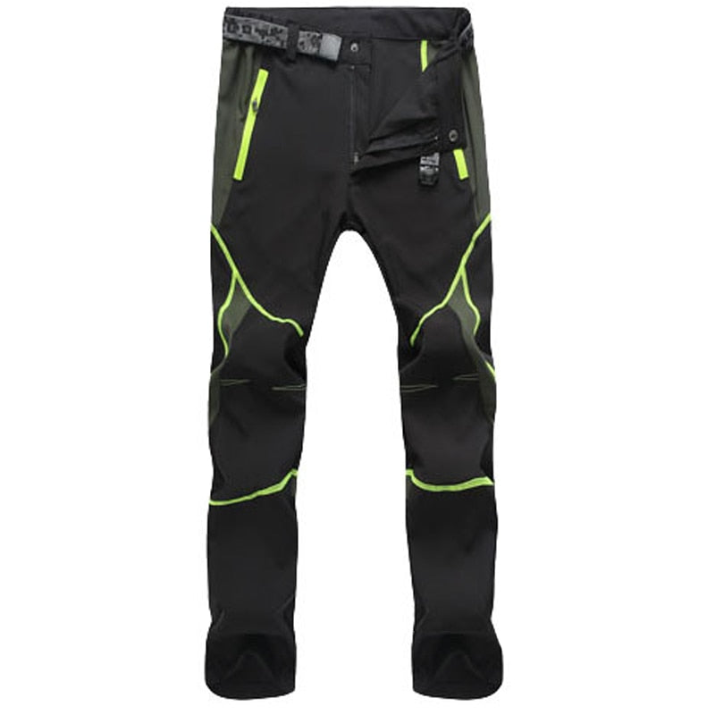 Eprolos Mens Quick-Dry Color-Stitched Hiking Pants are black with green accents and come with a waist belt. They feature green zippers, seams, reinforced knees, and an adjustable waistband. This windproof design is ideal for outdoor or athletic activities.