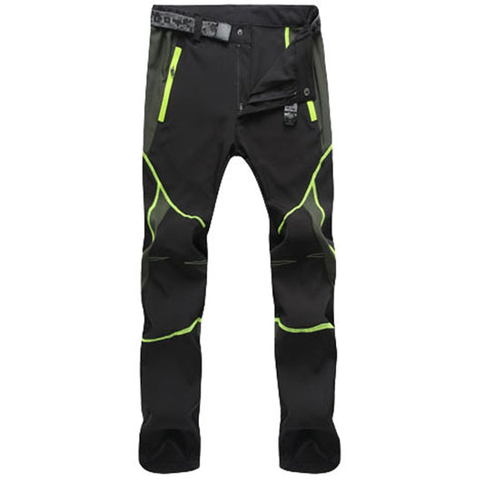 Eprolos Mens Quick-Dry Color-Stitched Hiking Pants are black with green accents and come with a waist belt. They feature green zippers, seams, reinforced knees, and an adjustable waistband. This windproof design is ideal for outdoor or athletic activities.