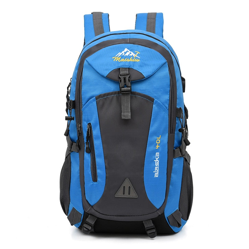 The eprolo 40L Waterproof Unisex Outdoor Backpack, perfect for hiking, climbing, and camping, features a blue and black design with multiple compartments, adjustable straps, and a small decorative mountain logo. Alaska 40L is printed on the front pocket to emphasize its spacious design.