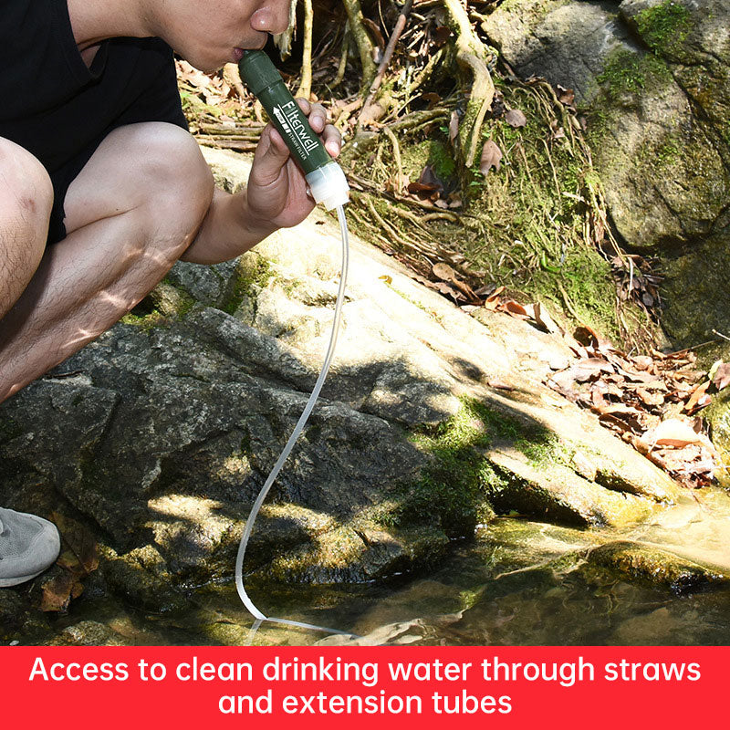 A person kneels by a rocky stream, drinking through an advanced filtration straw from eprolo. The tube extends into the water. Text reads: Access clean drinking water anywhere with the Emergency Direct Drinking Water Purifier.