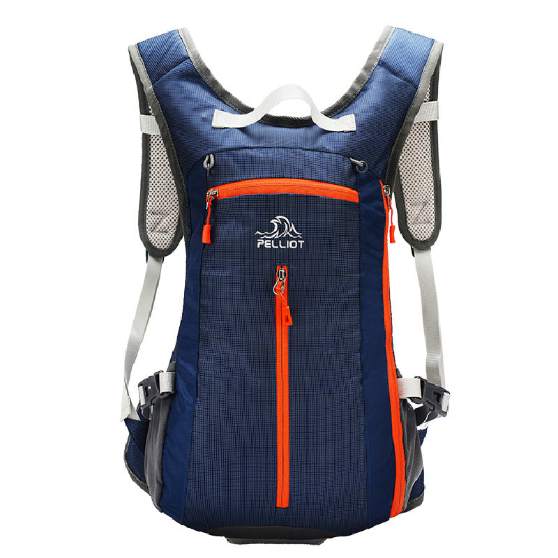 The Pelliot Outdoor Wear-Resistant Large Capacity Backpack by eprolo is ideal for hiking, cycling, and travel. It features a blue and orange design with multiple zippered compartments, mesh shoulder straps, a chest buckle, and prominently displays the brand name on the front.