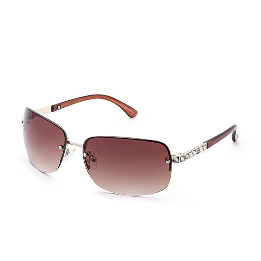 Introducing eprolos Oversized Gradient Sunglasses for women, featuring stylish rectangular frames with brown gradient lenses. The alloy frame shifts to wood-textured arms with silver hinged adorned rhinestones, offering UV400 protection and clear, adjustable nose pads for comfort.