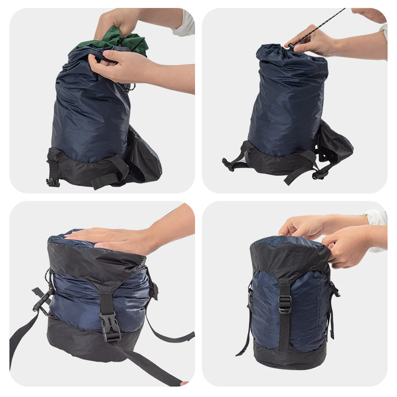 Four images feature a person mastering packing efficiency with eprolos Lightweight 40D Nylon Compression Stuff Sack for Sleeping Bags, demonstrating how to roll, buckle, and tighten the straps on this blue and black camping bag for compact storage.