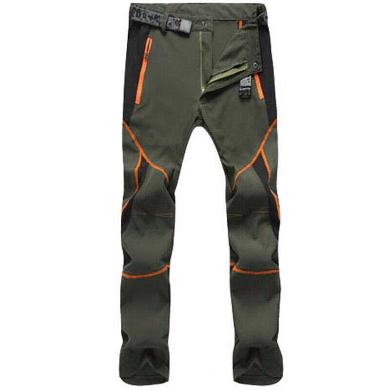The eprolo Mens Quick-Dry Color-Stitched Hiking Pants are olive green with windproof design, orange zippers and accents, black side panels and knee patches. Perfect for outdoor activities, they feature pockets, a belt buckle, and reinforced stitching.