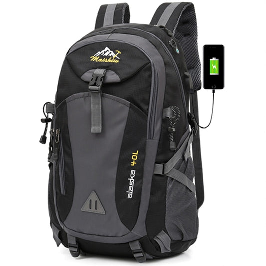 The eprolo 40L Waterproof Unisex Outdoor Backpack, ideal for hiking, climbing, and camping, features multiple compartments and zippers in black and gray. It comes with an external USB port for charging your phone on the go. Adjustable shoulder straps and a yellow mountain logo enhance its outdoor design.