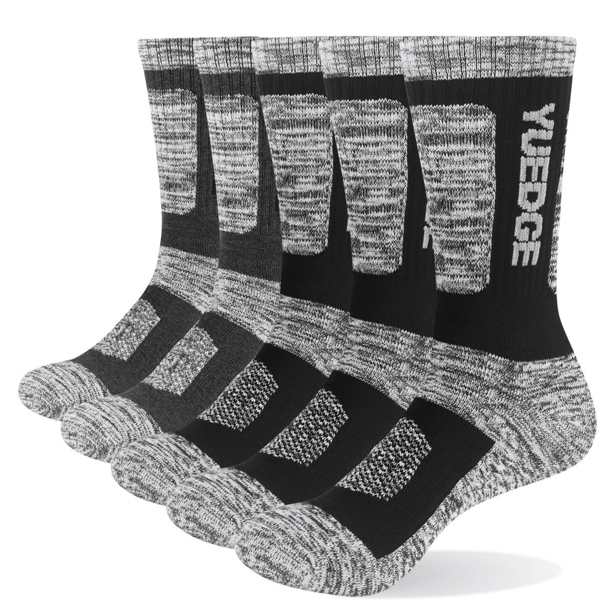 A set of five black and gray patterned Mens Pure Cotton Outdoor Sports Socks from eprolo, each featuring a thickened terry bottom, breathable cotton, and cushioned heel and toe design. Yuedge is displayed on the side against a white background.