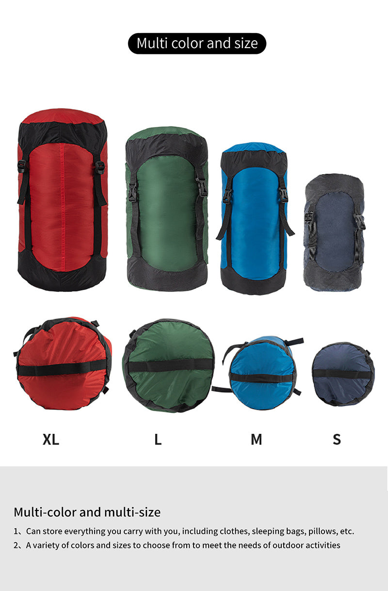 Four eprolo 40D nylon Compression Stuff Sacks are displayed in black with color panels: red (XL), green (L), blue (M), and gray (S). These sacks can stand upright or be compressed flat, highlighting their multi-color, multi-size design for efficient packing.