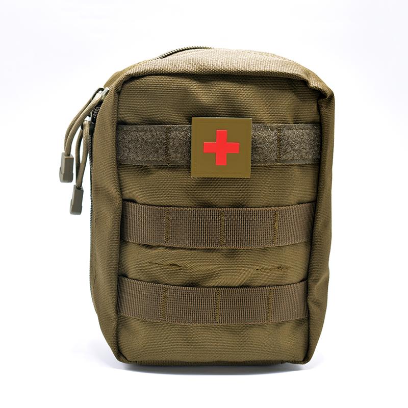 An eprolo tan tactical first aid kit, featuring MOLLE straps and a red cross patch, is shown against a white background. The portable Travel Survival Emergency First Aid Kit Empty Pouch ensures essential medical supplies are always accessible.