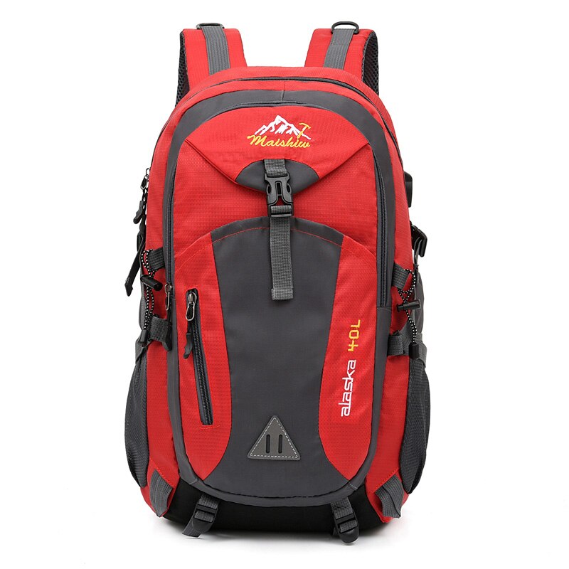 The eprolo 40L Waterproof Unisex Outdoor Backpack, featuring mountain peak and Alaska logo on red and gray design, includes adjustable straps and multiple zippered compartments, making it perfect for adventure seekers in hiking, climbing, and camping.