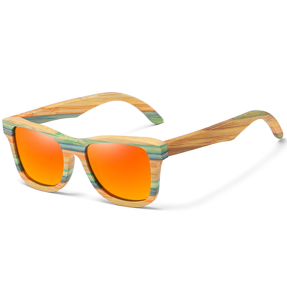 Eprolos stylish Skateboard Polarized Vintage Sunglasses boast a handcrafted bamboo wood frame with green and tan stripes. Their mirrored lenses feature an orange tint, blending natural elements with contemporary flair for a unique, eye-catching look.