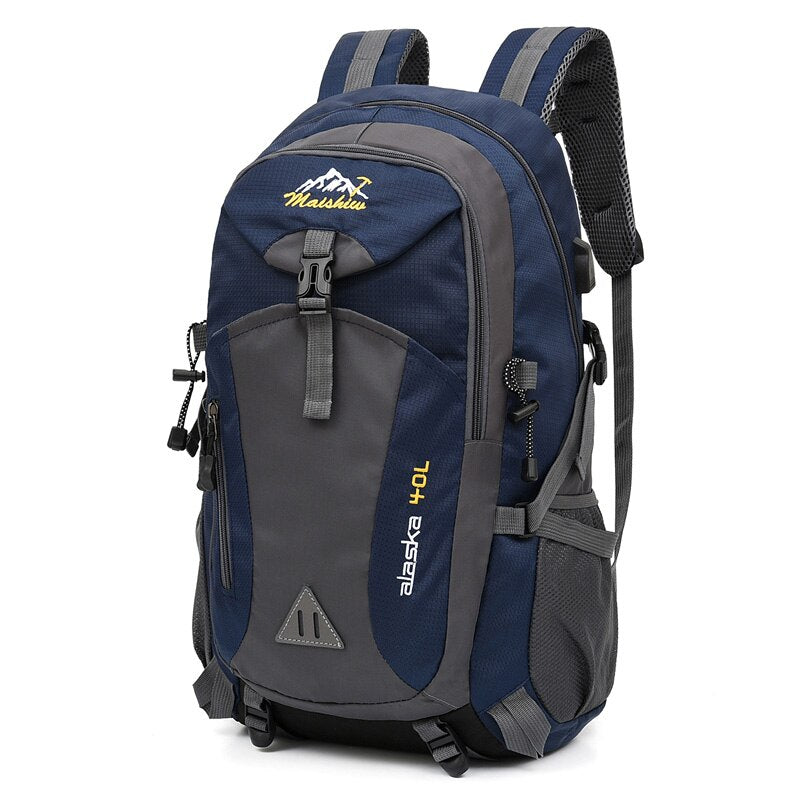 The eprolo 40L Waterproof Unisex Outdoor Backpack is ideal for hiking, climbing, and camping. Blue and gray with a yellow embroidered logo, it features multiple zippered compartments, mesh side pockets, adjustable shoulder straps, and Alaska 40L text for your next adventure.