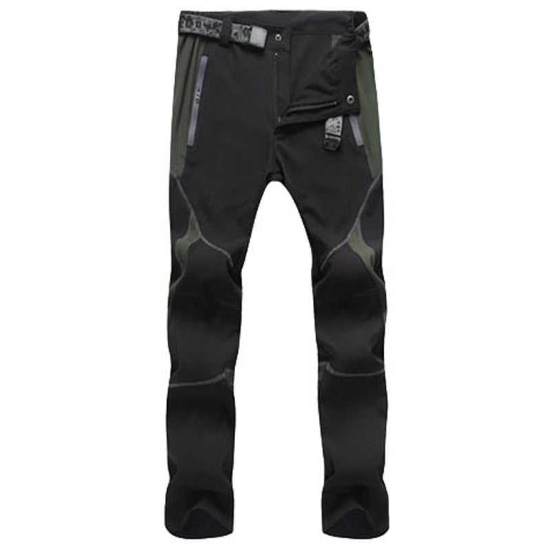 Mens Quick-Dry Color-Stitched Hiking Pants by eprolo, available in black and dark green, offer a flexible waistband, windproof design, zippers, and reinforced knee patches—ideal for outdoor adventures. Displayed against a white background.