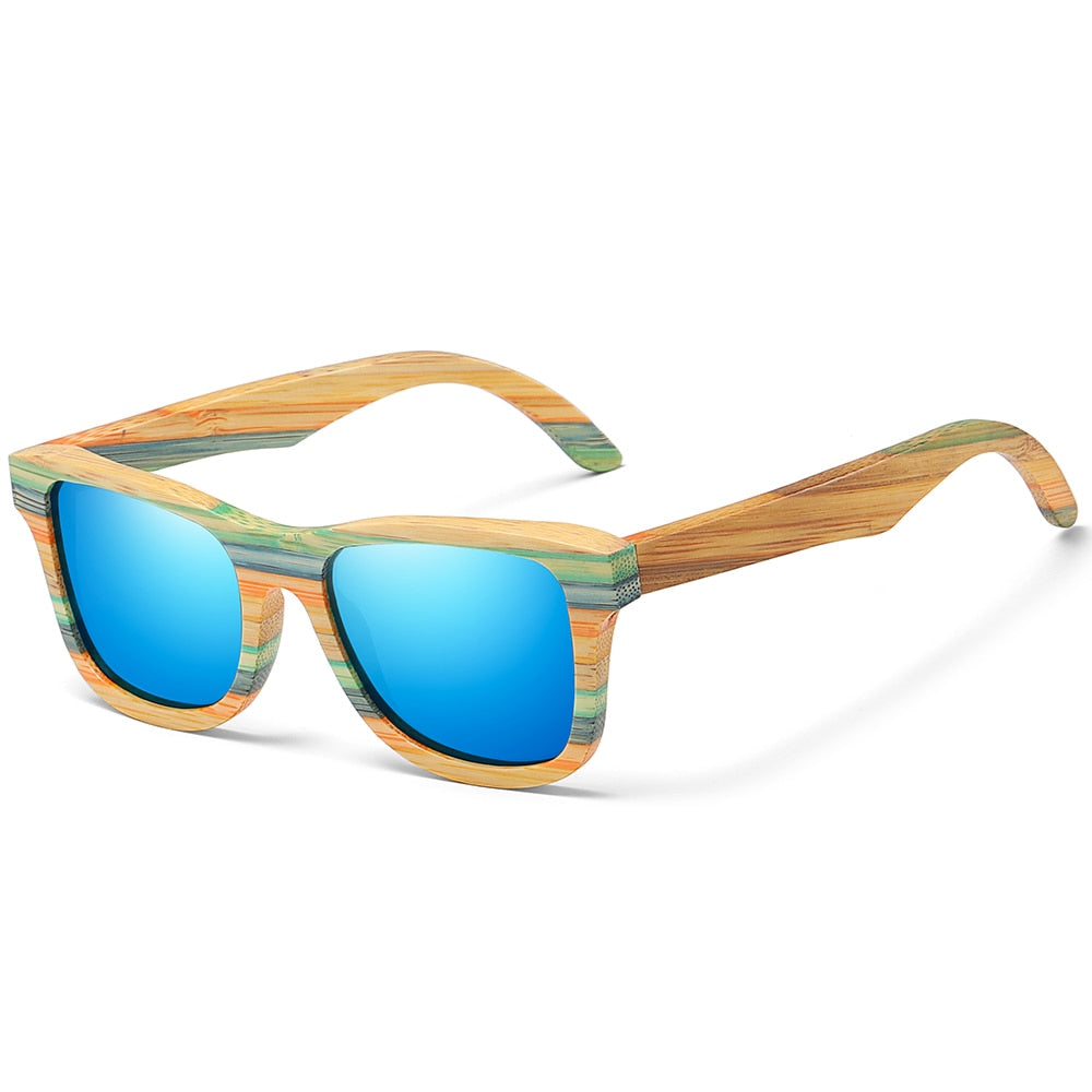 The eprolo Skateboard Polarized Genuine Bamboo Wood Frame Vintage Sunglasses feature handcrafted wooden frames with natural grain, vibrant blue mirrored lenses, and a rectangular design. These sunglasses offer a rustic yet modern look with polarized lenses for optimal clarity and reduced glare.