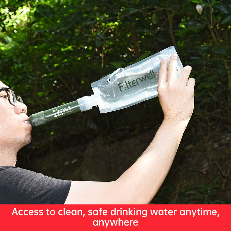 A person sips water from an eprolo Emergency Direct Drinking Water Purifier, highlighting its portable design with advanced filtration, amidst a forest. The bottom text reads, Clean, safe drinking water access anytime, anywhere.