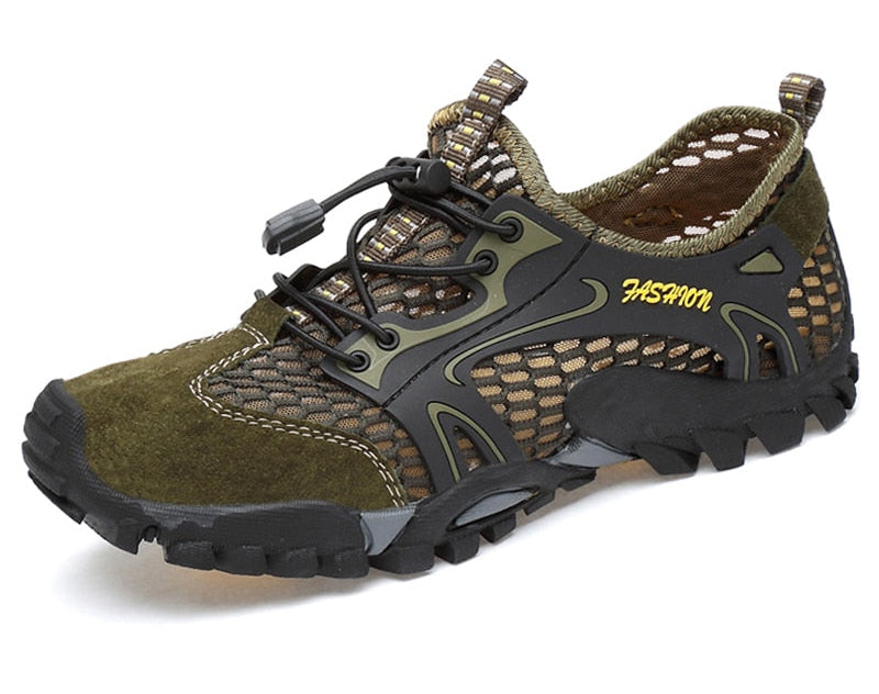 Eprolo Mens Summer Breathable Hiking Shoes combine a green-black color scheme with suede and mesh for rapid drying. The non-slip outsole offers strong traction, while adjustable bungee laces and FASHION text enhance style for any outdoor adventure.