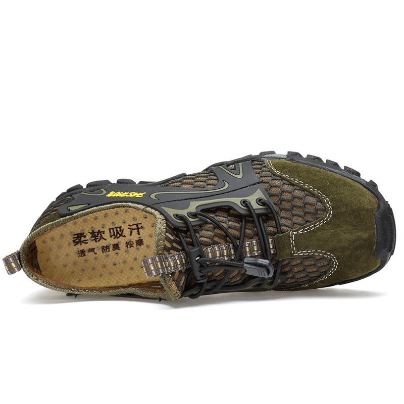 The eprolo Mens Summer Breathable Hiking Shoes feature a top view of suede and mesh with rugged, non-slip outsoles. Available in green and brown hues, they include adjustable laces, Chinese characters on the insole, and offer quick-dry technology for enhanced breathability and durability.