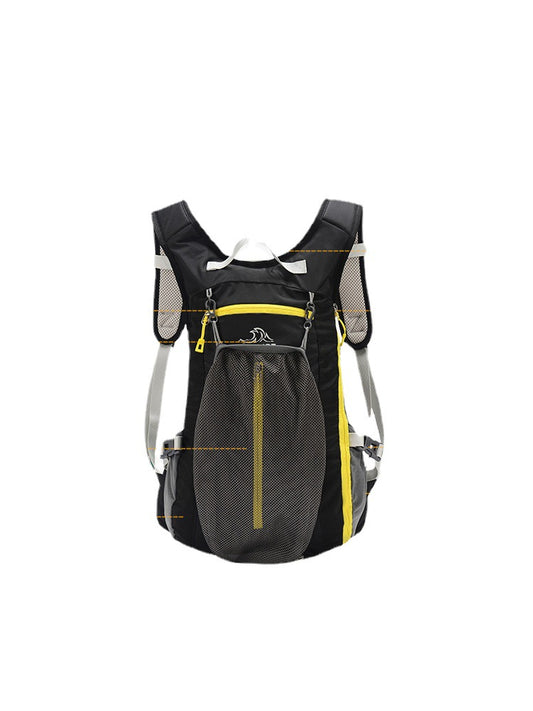 The eprolo Pelliot Outdoor Backpack, in sleek black and yellow, features white straps, mesh pockets, a large front zip pocket, and ample storage. Its wear-resistant build makes it perfect for hiking or cycling adventures.