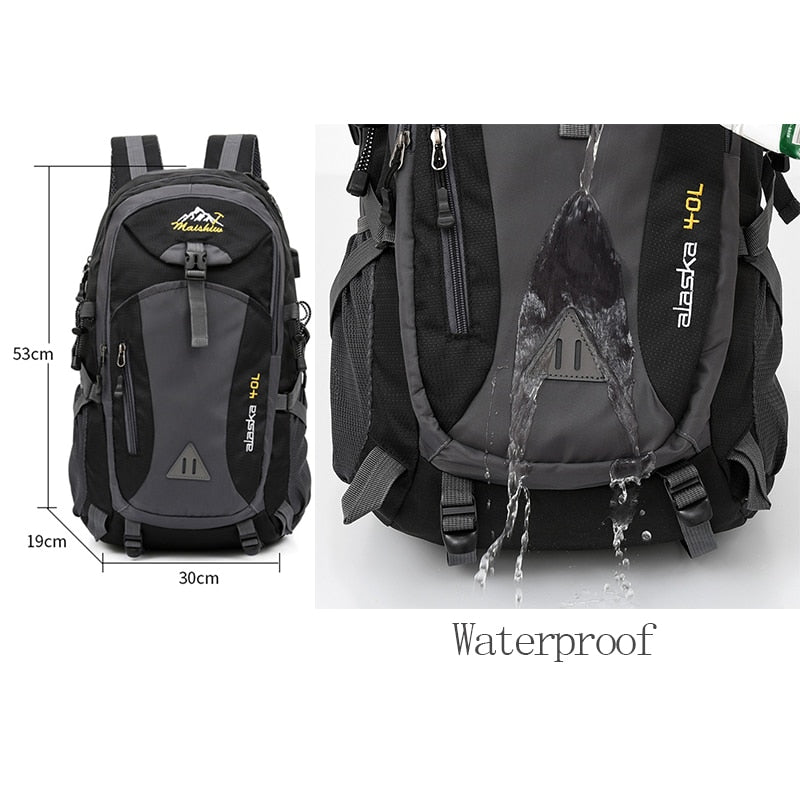 A black and gray 40L waterproof backpack from eprolo, labeled 40L Waterproof Unisex Outdoor Backpack, is showcased. Images underline its dimensions—53cm height, 30cm width, 19cm depth—and feature water rolling off its surface, making it perfect for outdoor adventures like hiking and climbing.