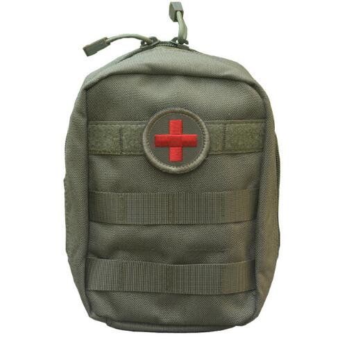 The eprolo Travel Survival Emergency First Aid Kit Empty Pouch, in green with a front red cross, has MOLLE webbing for easy attachment. Its portable, durable design features a top zipper closure, ideal for carrying emergency medical supplies outdoors.