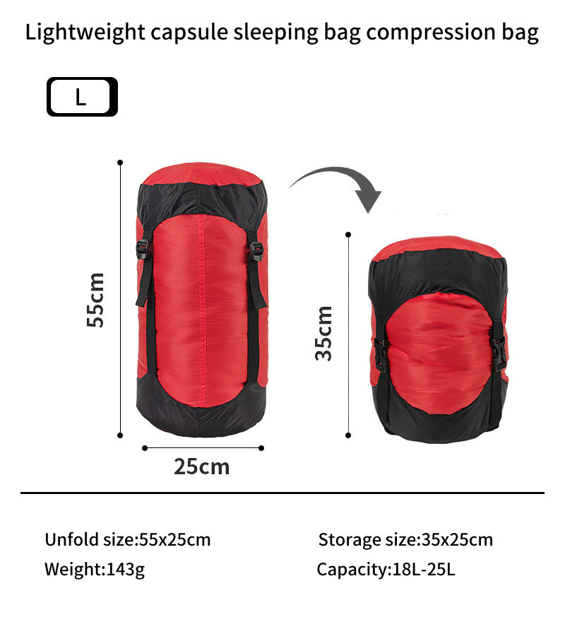 Compact and efficient, eprolos red and black Lightweight 40D Nylon Compression Stuff Sack for Sleeping Bags is perfect for camping. Weighing 143g, it unfolds to 55x25cm and compresses to 35x25cm, offering a capacity of 18-25L for easy packing.
