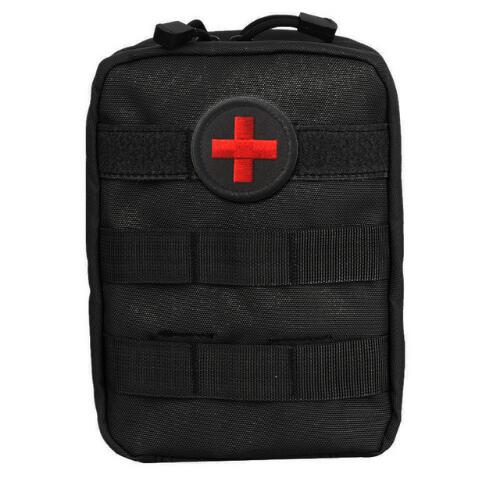 The eprolo Travel Survival Emergency First Aid Kit Empty Pouch features a compact black design with MOLLE webbing and a red cross emblem, ideal for storing emergency supplies on any adventure.