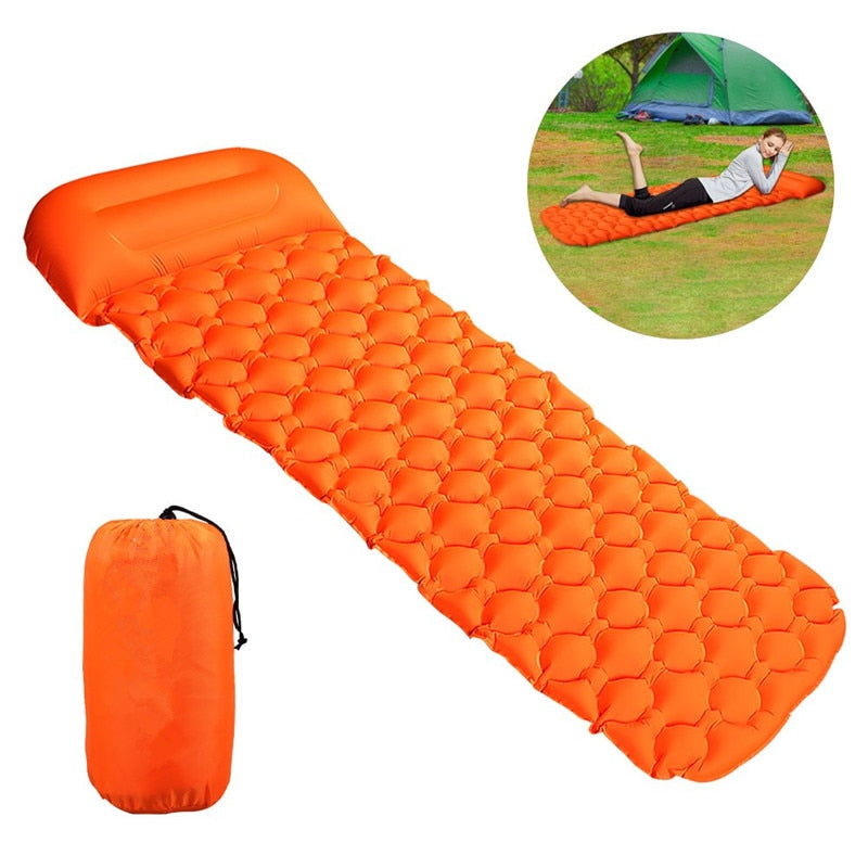 The eprolo Outdoor Inflatable Sleeping Pad boasts a durable, tear-resistant design with an ultralight air cushion and attached pillow. Displayed both inflated and stored in its carry bag, an inset image shows a person using the pad outdoors near a tent.