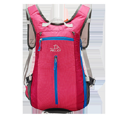 The Pelliot Outdoor Wear-Resistant Large Capacity Backpack by eprolo is designed for hiking, cycling, and travel, featuring pink and grey colors with blue zippers. It includes mesh shoulder straps, multiple compartments, and a front logo. Ideal for outdoor activities.