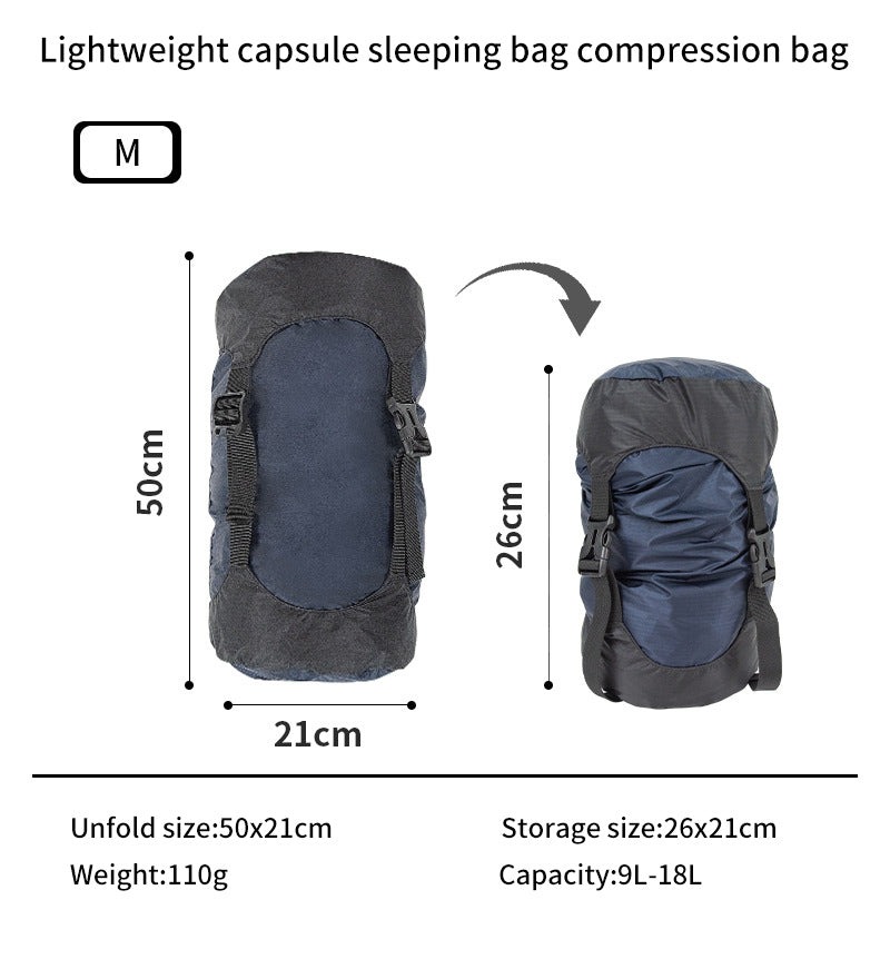 The eprolo Lightweight 40D Nylon Compression Stuff Sack for Sleeping Bags is perfect for camping, compressing from 50x21 cm to 26x21 cm. It weighs just 110g with a capacity of 9L-18L. The image showcases it in two views: compressed and uncompressed.