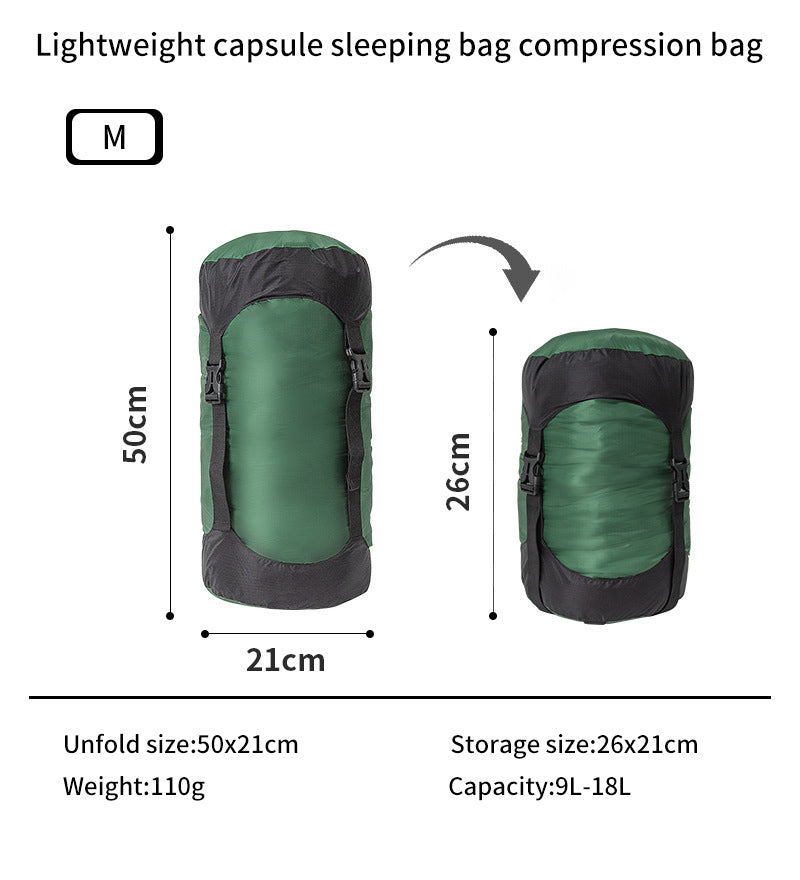 The eprolo Lightweight 40D Nylon Compression Stuff Sack for Sleeping Bags is an ideal camping accessory, featuring a durable green and black design. Unfolded, it measures 50x21cm, weighs 110g, compresses to 26x21cm with a capacity of 9L-18L, and includes an arrow showing the size transition.