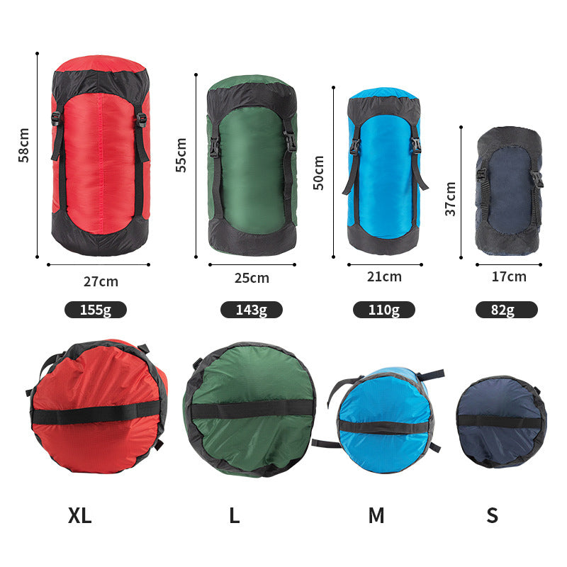 Eprolo offers four Lightweight 40D Nylon Compression Stuff Sacks for Sleeping Bags in red, green, blue, and black. Available in XL to S sizes with weights from 155g to 82g and dimensions from 58x27cm to 37x17cm, these sacks enhance packing efficiency and feature front and top views.