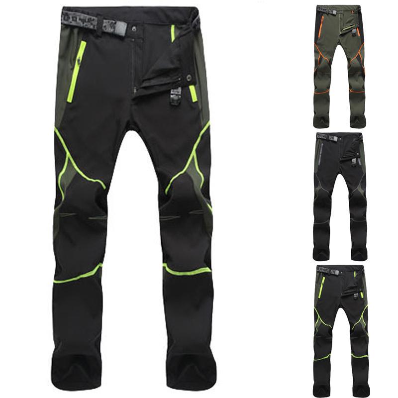 The eprolo Mens Quick-Dry Color-Stitched Hiking Pants – Windproof Outdoor Workwear features four pairs: one black with green accents on the left and three with orange, green, or gray stitching on the right. Designed with multiple pockets and reinforced knee areas for durability.