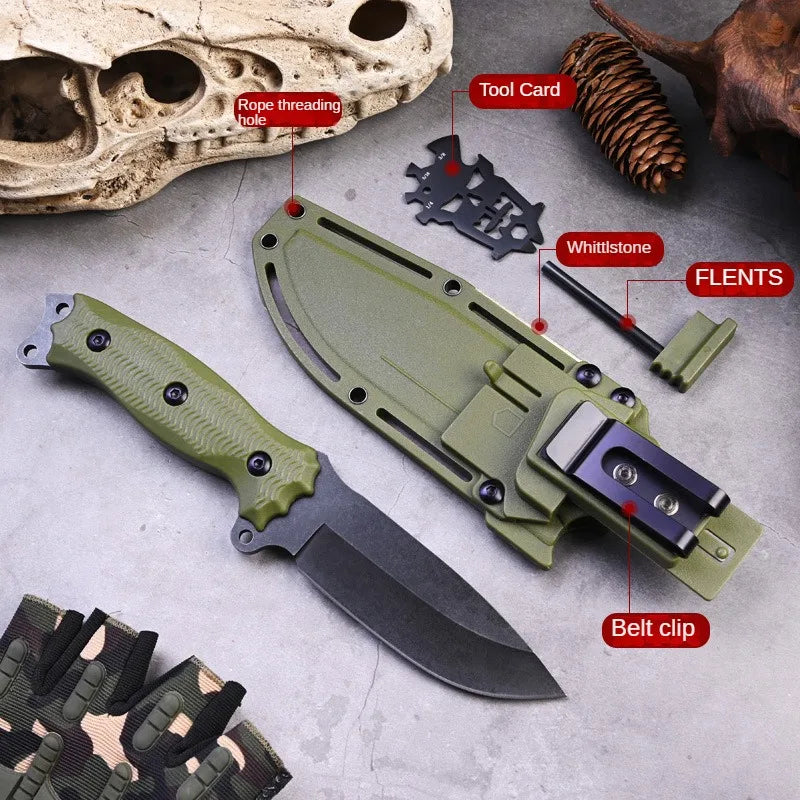 The A3 High Hardness Outdoor Multifunctional Portable Knife by eprolo features a textured green handle and a sheath with a belt clip. Nearby are a tool card, whittlestone, and pine cone, all set against a backdrop of a skull and camouflage fabric to enhance its rugged appeal.