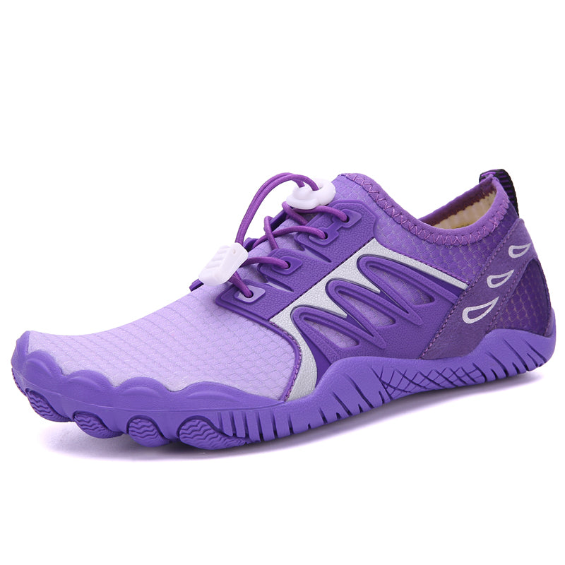 Modalysts Barefoot Quick Dry Beach Pool Aqua Shoes for men feature a purple and white design, textured sole, adjustable laces, and wavy accents. These lightweight shoes are sleek and quick-drying, perfect for sports or casual wear as well as water activities.