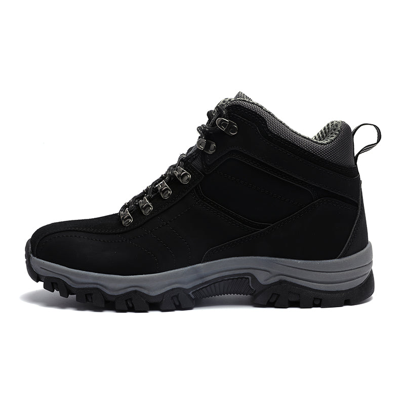 The Breathable Waterproof Hiking Sneakers by My Store feature a black design with a thick, rugged gray sole, metal lace hooks, and anti-slip cushioning. They include a fabric pull tab at the heel and are perfect for outdoor use on all terrains.