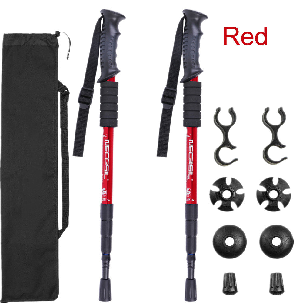 Embark on outdoor adventures with Modalysts Adjustable Aluminum Trekking Poles. These red poles feature black grips and wrist straps, adjustable length for comfort, plus accessories like baskets, tips, and clips. A black carrying bag completes the set. Red is marked in the top right corner.