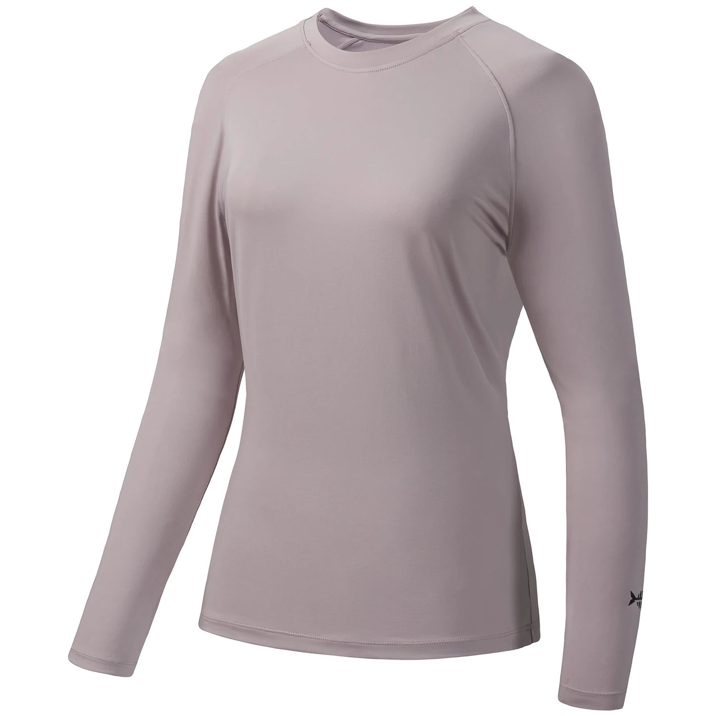 The Bassdash Womens UPF 50+ Long Sleeve Performance Shirt by Ten Essentials is shown in gray on a white background, front view. The crew neck athletic top boasts a simple design with moisture-wicking and 4-way stretch technology for comfort, and it lacks visible logos or patterns. Ideal for sun protection during fishing and hiking.