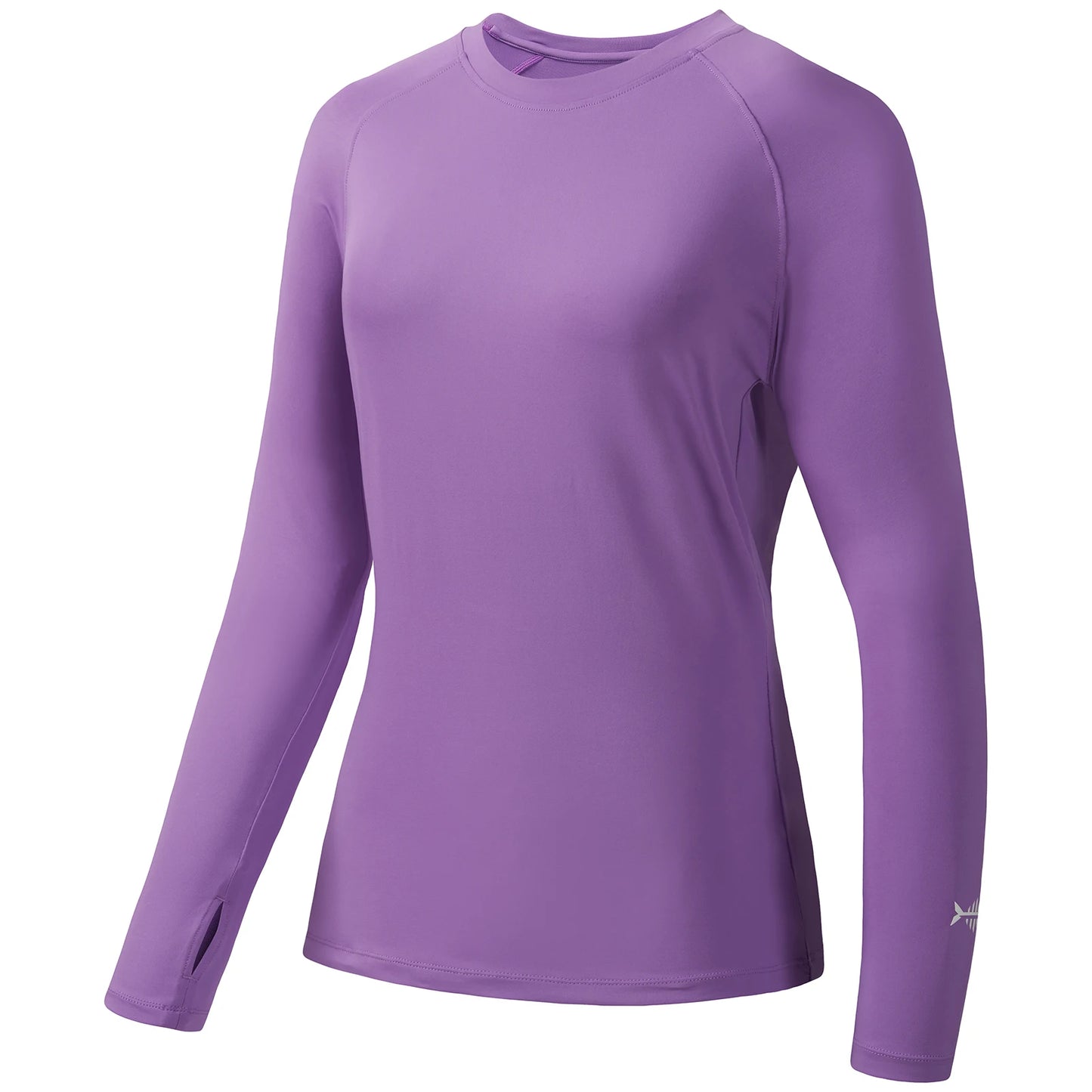 The Bassdash Womens UPF 50+ Performance Shirt by Ten Essentials is a purple, long-sleeve crew neck with thumbholes. Made of 4-way stretch fabric, it boasts a moisture-wicking, smooth-fitted design and is depicted against a plain white background.