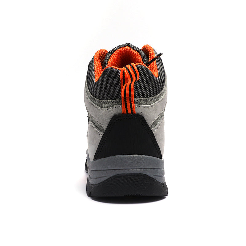 Rear view of My Stores gray and black Breathable Waterproof Hiking Sneakers with bright orange lining and pull tab, featuring rugged soles for outdoor use. The background is plain white.
