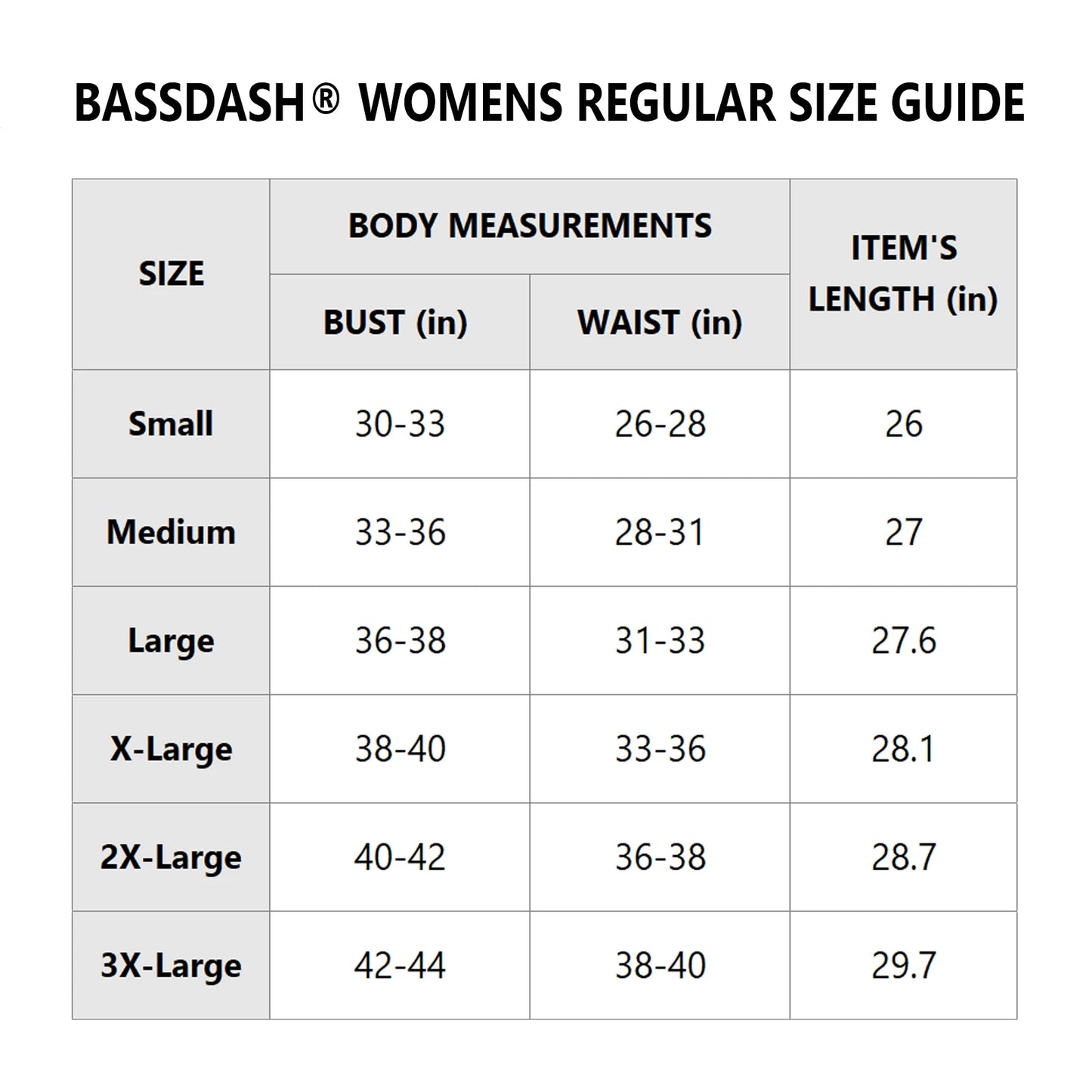 The Bassdash Womens UPF 50+ Long Sleeve Shirt from Ten Essentials offers sun protection for fishing and hiking. Size guide: Small (Bust 30-33, Waist 26-28, Length 26), Medium (33-36, 28-30, 27), Large (36-38, 31-33, 27.6) up to 3X-Large, designed for comfort with moisture-wicking fabric.
