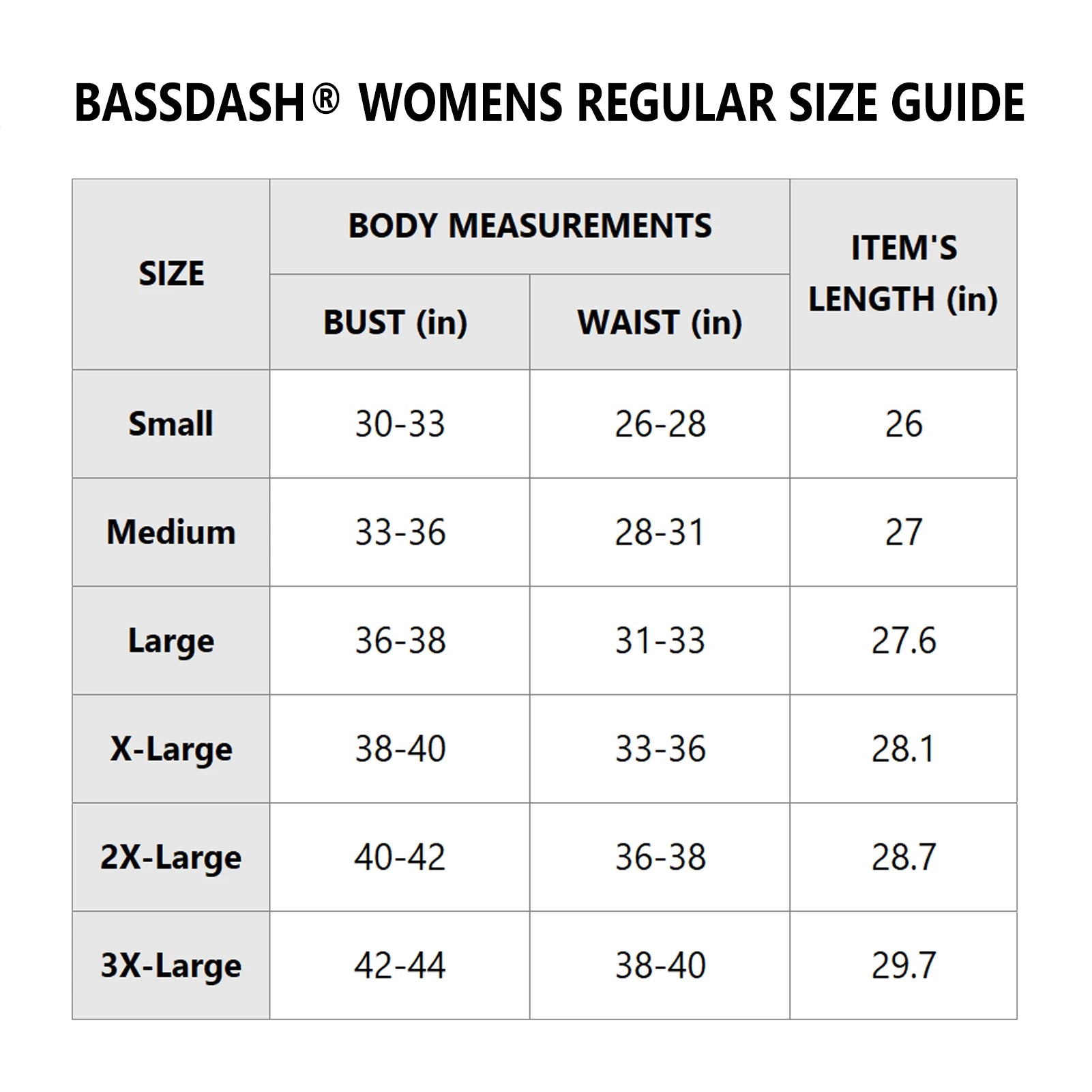 The Bassdash Womens UPF 50+ Long Sleeve Shirt from Ten Essentials offers sun protection for fishing and hiking. Size guide: Small (Bust 30-33, Waist 26-28, Length 26), Medium (33-36, 28-30, 27), Large (36-38, 31-33, 27.6) up to 3X-Large, designed for comfort with moisture-wicking fabric.