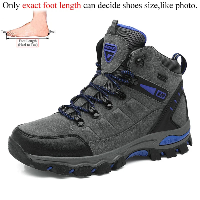 Ten Essentials Womens Winter Trekking Boots are durable gray high-tops with black and blue accents. A diagram advises measuring your exact foot length from heel to toe for the perfect fit on outdoor excursions.