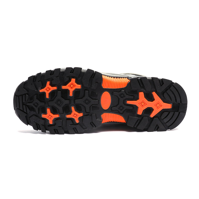 The image shows My Stores Breathable Waterproof Hiking Sneakers, featuring a rugged sole for traction. Predominantly black with bright orange accents, the anti-slip design offers added grip and cushioning, perfect for all-terrain adventures.