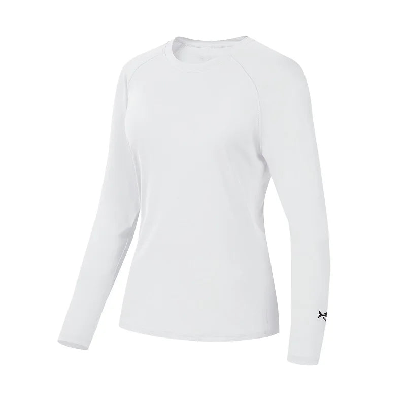 Bassdash Womens UPF 50+ Long Sleeve Performance Shirt by Ten Essentials, designed for fishing and hiking, features moisture-wicking fabric and a small black logo on the left sleeve cuff. Displayed on a plain background.