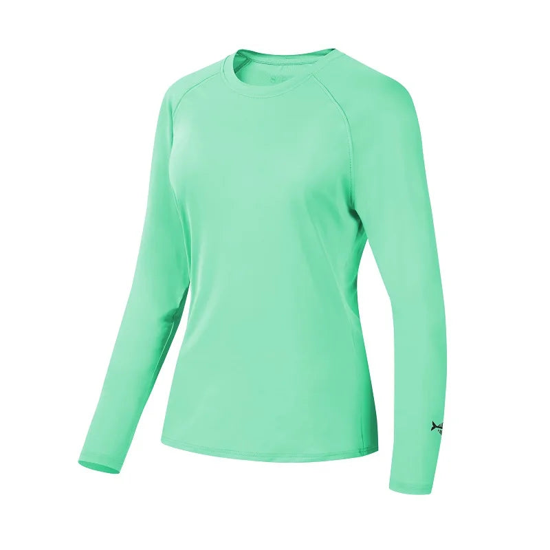 The Bassdash Womens UPF 50+ Long Sleeve Performance Shirt by Ten Essentials, designed for fishing and hiking, is a light green athletic shirt with 4-Way Stretch Technology. It features a round neckline and a small logo on the left sleeve. Displayed against a white background, its smooth texture stands out.