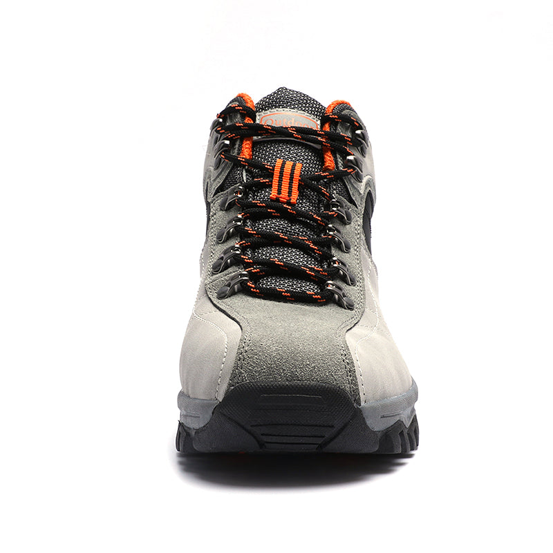 The front view of the gray Breathable Waterproof Hiking Sneakers from My Store showcases black and orange laces, a reinforced toe, and a sturdy anti-slip sole against a white background.