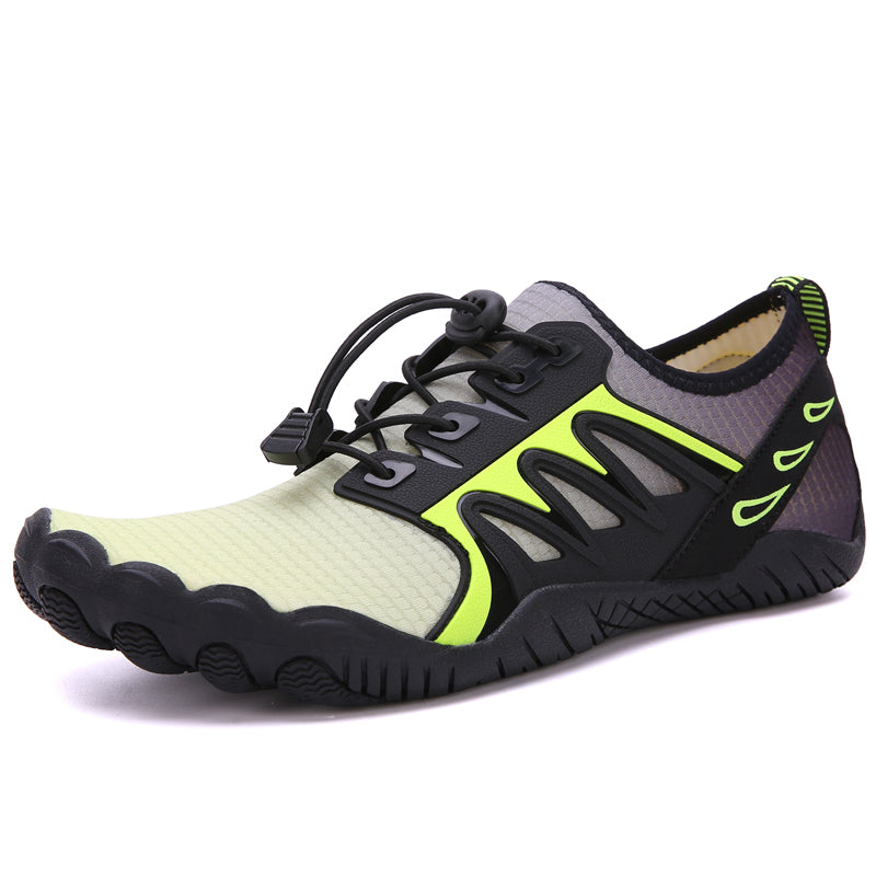 Introducing the Barefoot Quick Dry Beach Pool Aqua Shoes by Modalyst, ideal for water activities. These lightweight shoes in green and black feature a flexible sole, mesh fabric, adjustable elastic laces, quick-drying tech, and yellow accents for superior grip and comfort.
