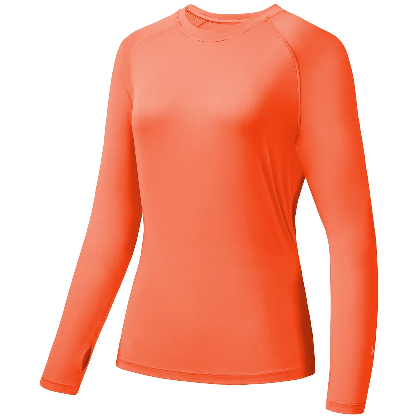 The Ten Essentials Bassdash Womens UPF 50+ Performance Shirt is bright orange with long, raglan sleeves and a round neck. Featuring 4-Way Stretch Technology and Moisture-Wicking properties, its perfect for sports or casual wear, offering sun protection while keeping you dry and comfortable.