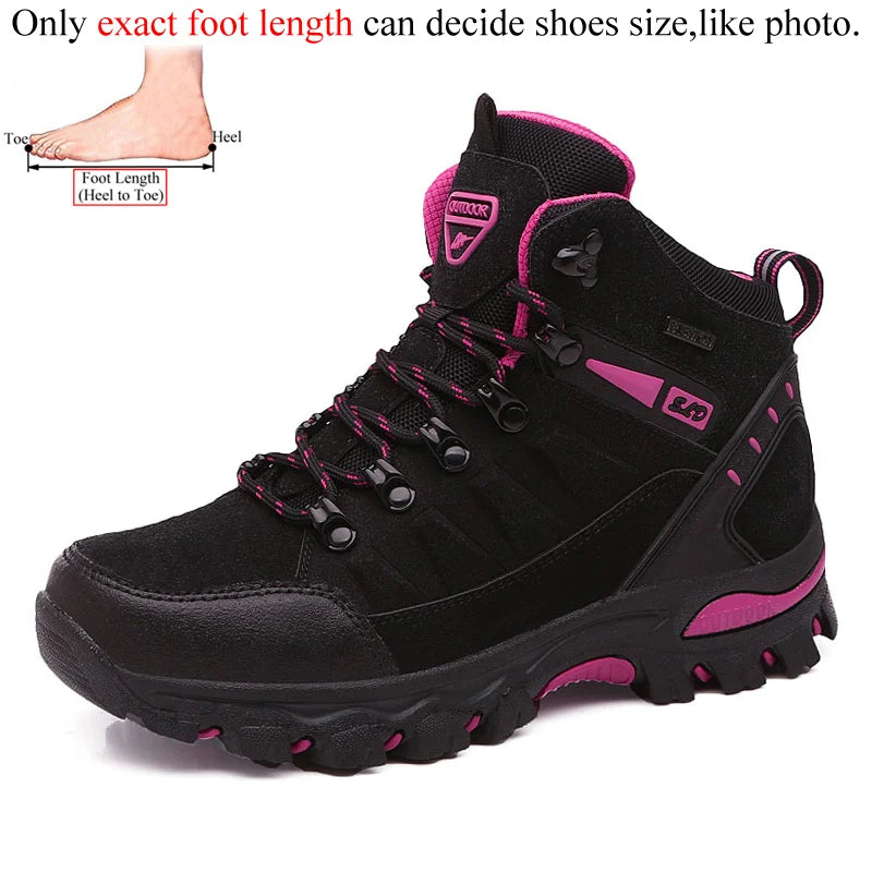Ten Essentials Womens Winter Trekking Boots are black with pink accents, featuring a thick sole and hook eyelets. A foot sketch size guide helps you measure heel to toe, ensuring an accurate fit for any outdoor adventure.