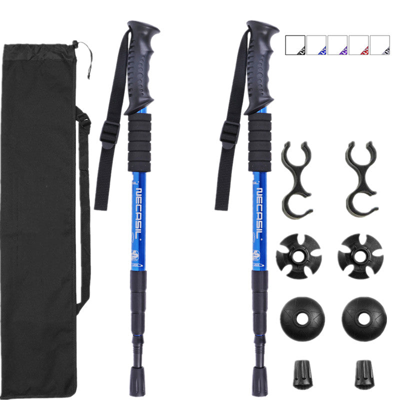 Introducing the Adjustable Aluminum Trekking Poles – Pair by Modalyst: blue poles with black grips, perfect for outdoor adventures. Features include adjustable lengths, a black carrying bag, clips, basket attachments, rubber tips, and feet. Small diagrams display color options.